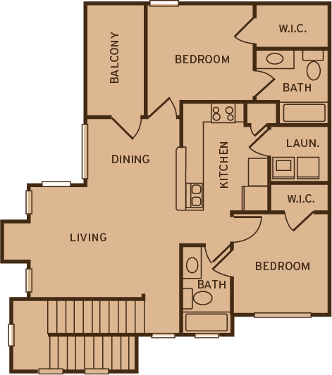 Floor plan for 2 beds, 2 baths, 1083 sqft